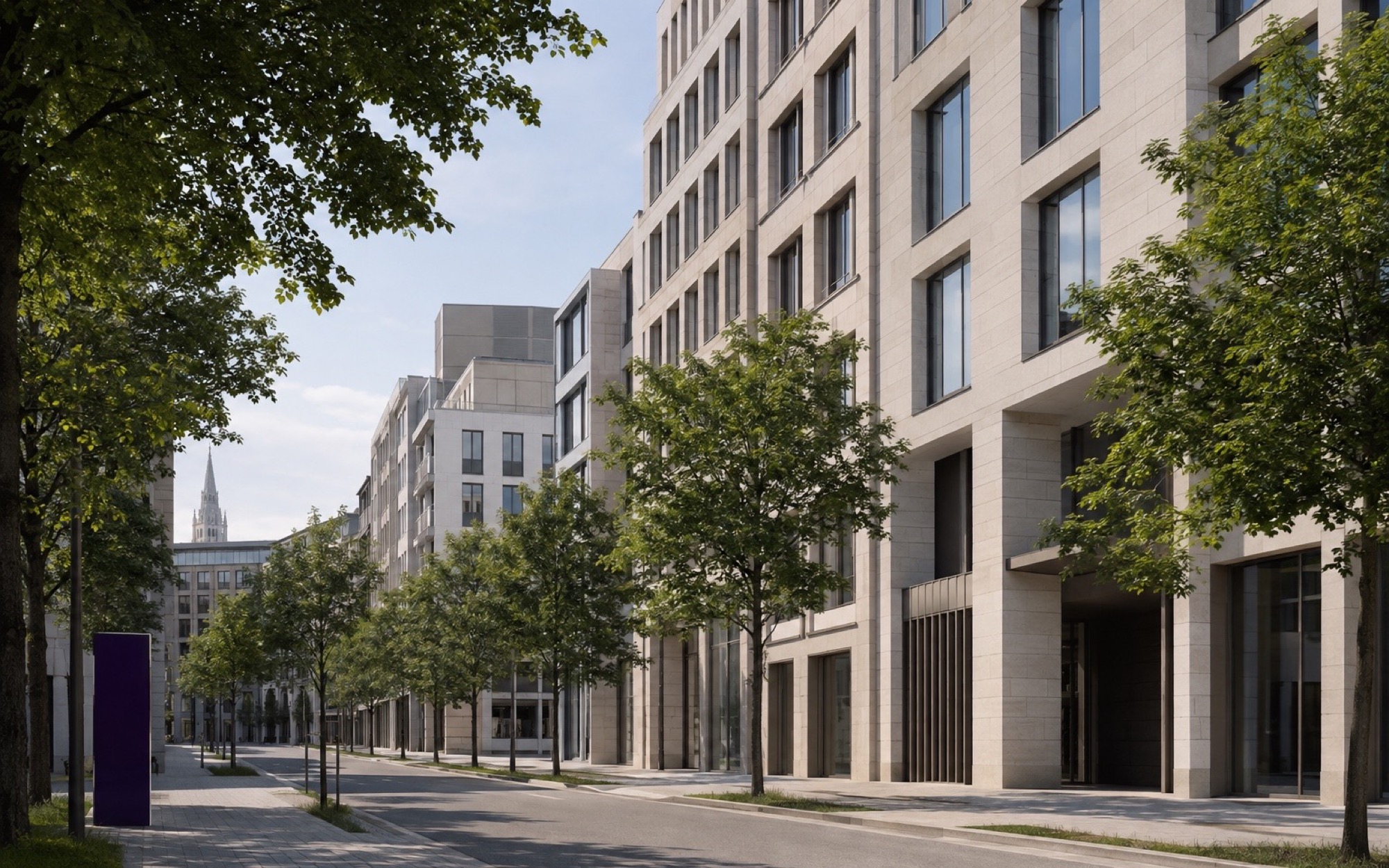 Moderne Münchner Stadtarchitektur in einem klaren urbanen Umfeld